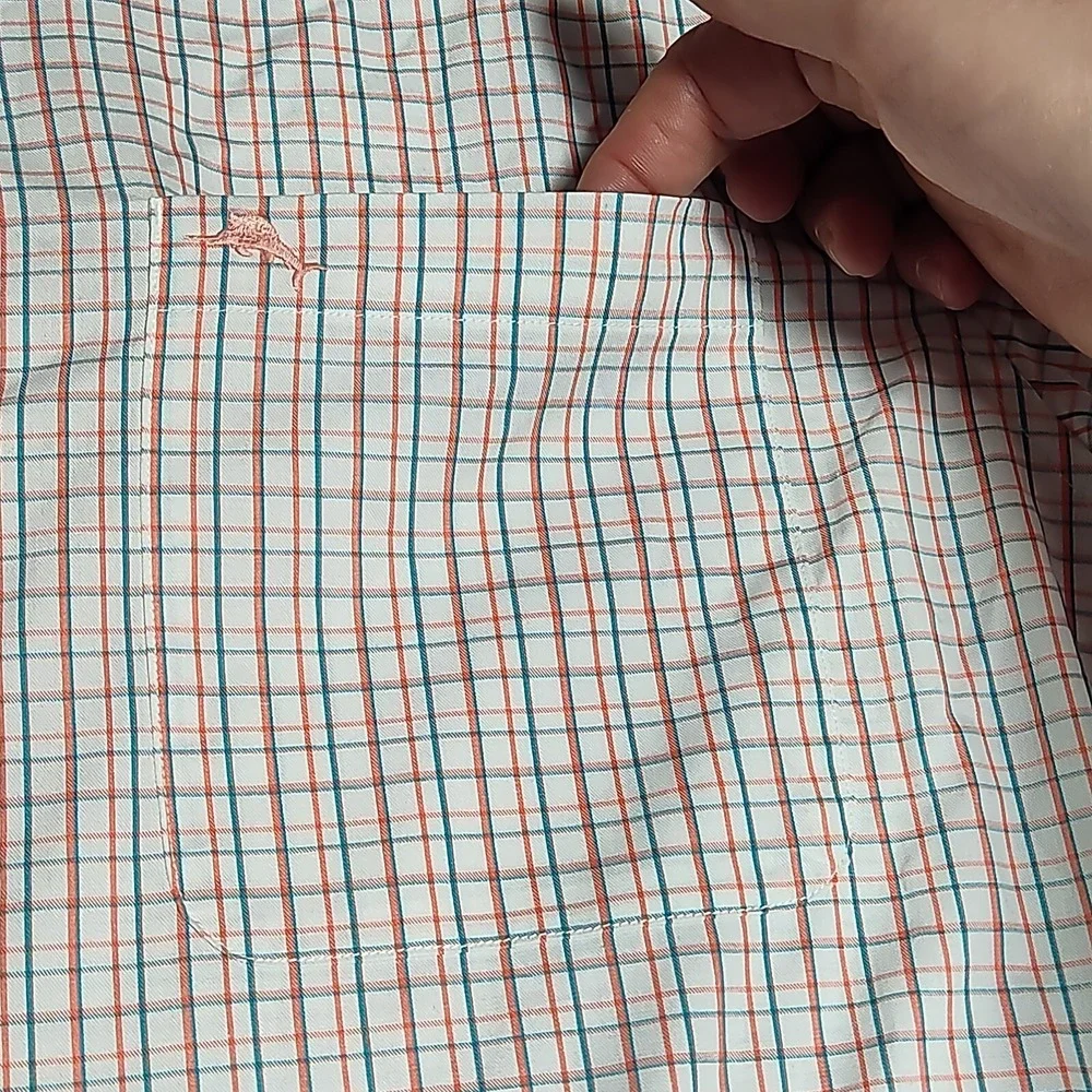 TOMMY BAHAMA ISLAND ZONE Men XL Teal‎ Orange Windowpane Pima Cotton Shirt EUC